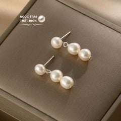 Khuyên Tai Bạc 925 Dài 3 Hạt Ngọc Trai Tự Nhiên MADAME HIEN PEARLS Thời Trang BTT027
