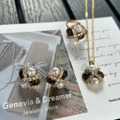 Bộ Set Ngọc Trai Vòng cổ, Nhẫn và Bông Tai Bộ Trang Sức Ngọc Trai Tự Nhiên Phối Đá Mắt Hổ Mirad MADAME HIEN PEARLS Cho Nữ SPS114
