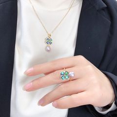 Bộ Set Ngọc Trai Vòng cổ + Nhẫn + Bông Tai Bộ Trang Sức Ngọc Trai Tự Nhiên Cỏ 4 Lá Xà Cừ Vỏ Bàu Ngư MADAME HIEN PEARLS SPS073