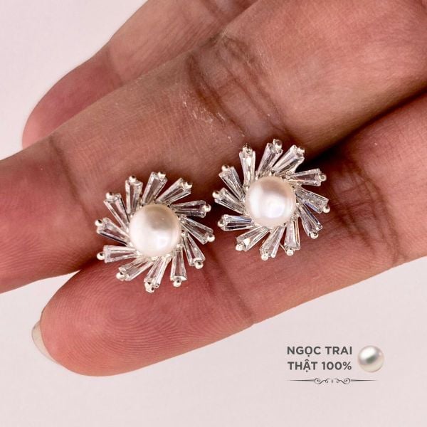Bông Tai Bạc Ta Đính Ngọc Trai Tự Nhiên Cánh Hoa Hướng Dương Đính Đá Zircon