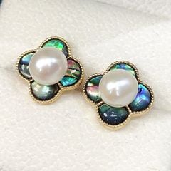 Bông Tai Ngọc Trai Tự Nhiên Cỏ 4 Lá Màu Xà Cừ Vỏ Bàu Ngư Hoạ Tiết LV MADAME HIEN PEARLS Thời Trang Nữ BTN192
