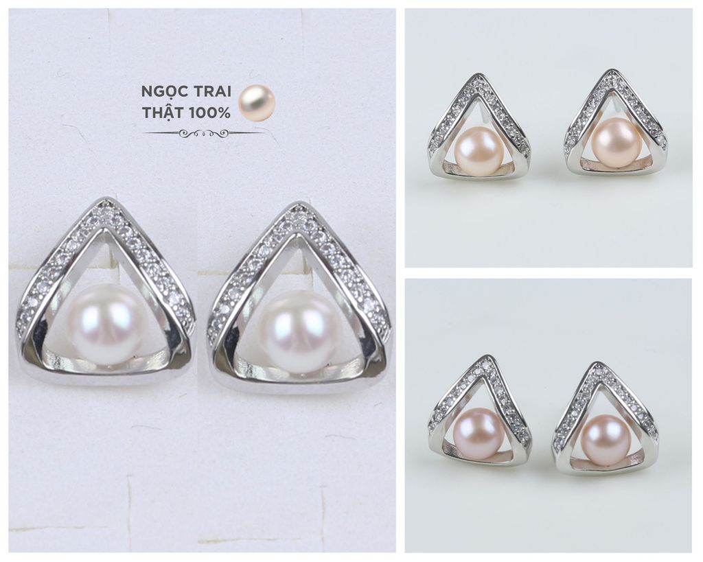Bông Tai Ngọc Trai MADAME HIEN PEARLS Hình Học Tam Giác Đính Đá sang trọng BTN003