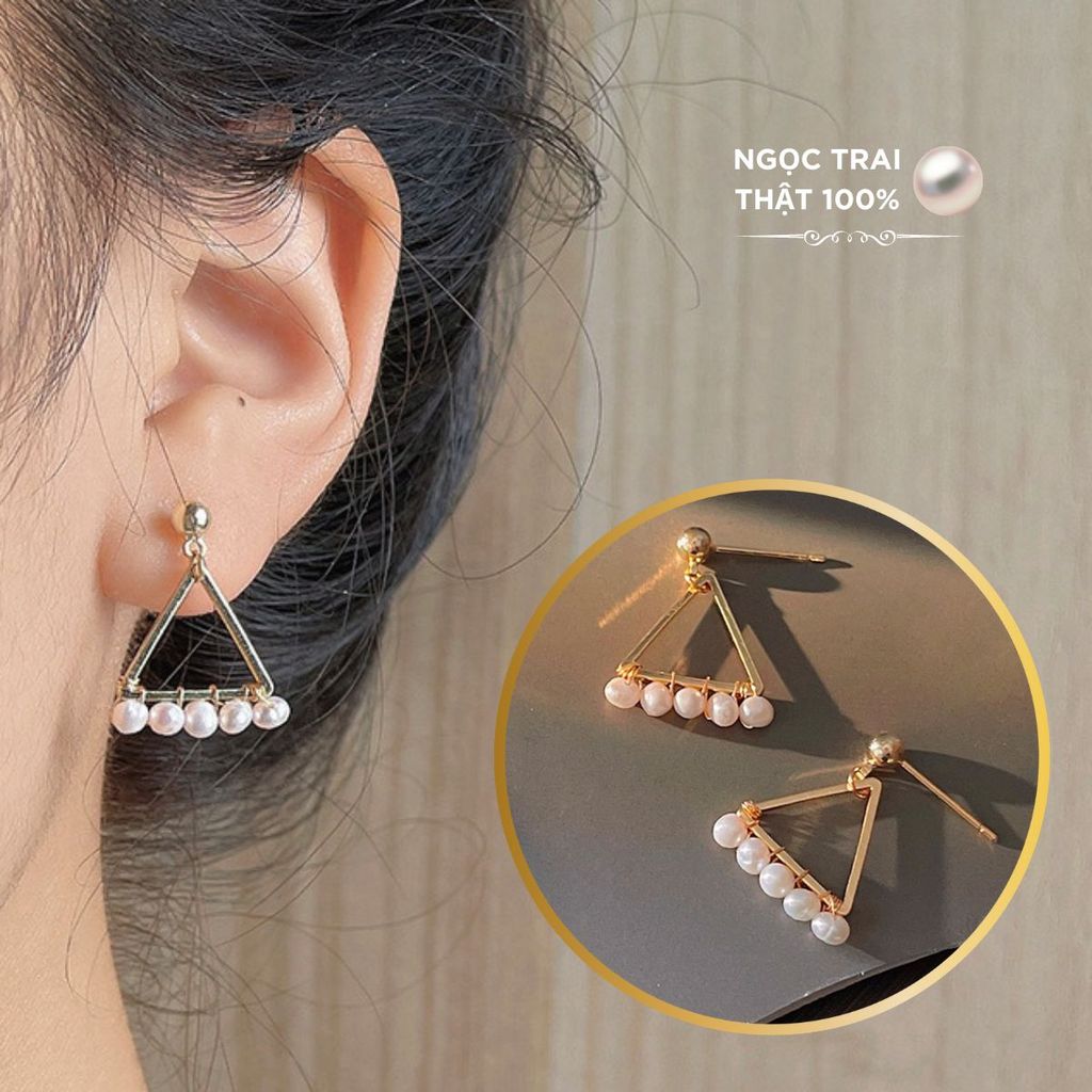Bông Tai Hình Học Tam Giác Đính Ngọc Trai MADAME HIEN PEARLS Sang Trọng Phong Cách Châu Âu BTT021