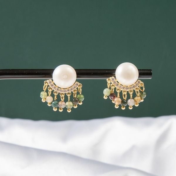 Bông Tai Ngọc Trai Tự Nhiên Tourmaline Đá Tự Nhiên s925 Bông Tai Kim Bạc
