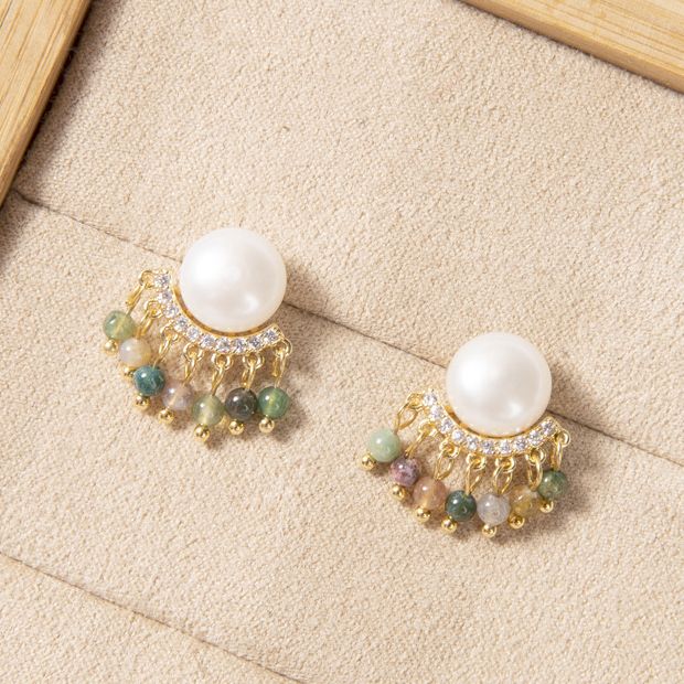Bông Tai Ngọc Trai Tự Nhiên Tourmaline Đá Tự Nhiên s925 Bông Tai Kim Bạc MADAME HIEN PEARLS Phong Cách Du Mục Bohemian Cho Nữ BTN057