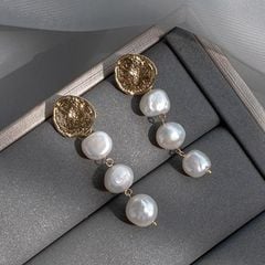 Bông tai Ngọc Trai Baroque Tự Nhiên Tua Rua Dài 3 Hạt Mặt Kim MADAME HIEN PEARLS BTB108