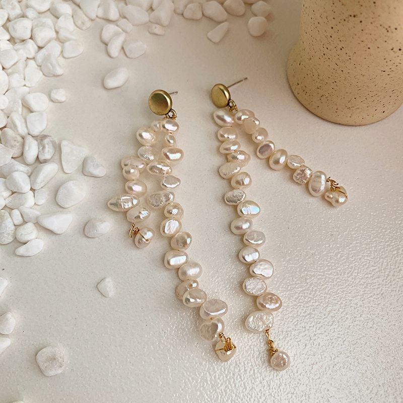 Bông Tai 2 Dây Ngọc Trai Tự Nhiên Tua Rua Dài Bất Đối Xứng MADAME HIEN PEARLS BTB019