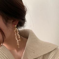 Bông Tai 2 Dây Ngọc Trai Tự Nhiên Tua Rua Dài Bất Đối Xứng MADAME HIEN PEARLS BTB019