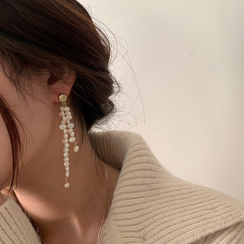 Bông Tai 2 Dây Ngọc Trai Tự Nhiên Tua Rua Dài Bất Đối Xứng MADAME HIEN PEARLS BTB019