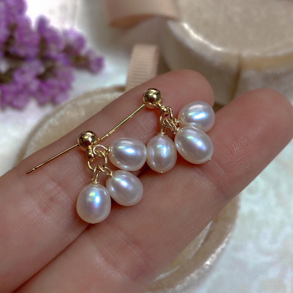 Bông Tai Ngọc Trai Tự Nhiên Tua Rua 3 Hạt Nhỏ Tinh Tế 5-7mm MADAME HIEN PEARLS Cho Nữ BTG101B