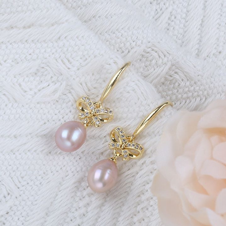 Bông Tai Tua Rua Ngọc Trai Tự Nhiên Mặt Nơ Đính Đá Zircon MADAME HIEN PEARLS Cho Nữ BTG111