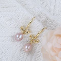 Bông Tai Tua Rua Ngọc Trai Tự Nhiên Mặt Nơ Đính Đá Zircon MADAME HIEN PEARLS Cho Nữ BTG111