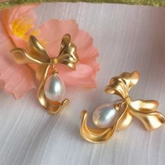 Bông Tai Kim Bạc Nơ To 3D Đính Ngọc Trai Giọt Nước MADAME HIEN PEARLS Cho Nữ