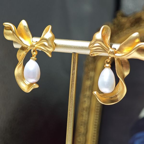 Bông Tai Kim Bạc Nơ To 3D Đính Ngọc Trai Giọt Nước MADAME HIEN PEARLS Cho Nữ