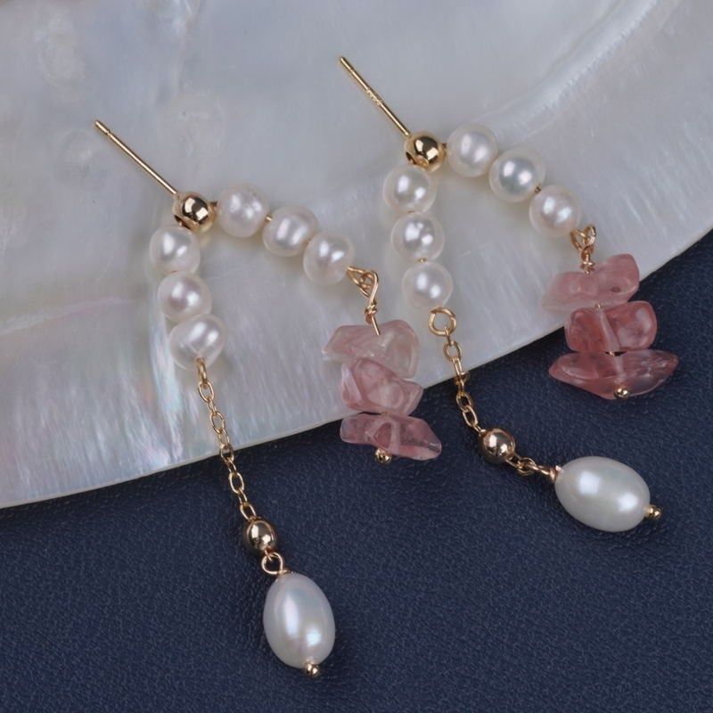 Bông Tai Ngọc Trai Thả 2 Dây Tua Rua Pha Lê Dâu Tây MADAME HIEN PEARLS Cho Nữ BTG118