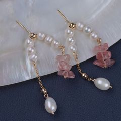 Bông Tai Ngọc Trai Thả 2 Dây Tua Rua Pha Lê Dâu Tây MADAME HIEN PEARLS Cho Nữ BTG118