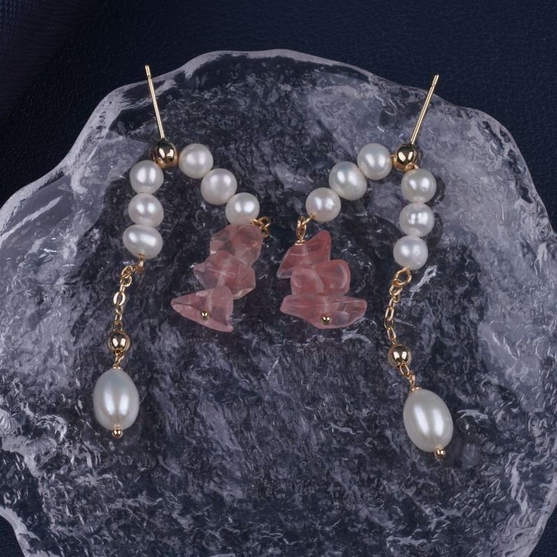 Bông Tai Ngọc Trai Thả 2 Dây Tua Rua Pha Lê Dâu Tây MADAME HIEN PEARLS Cho Nữ BTG118
