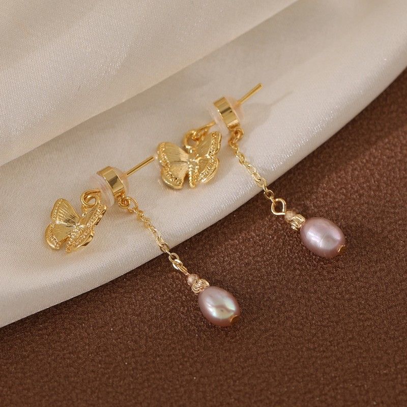 Bông Tai Tua Rua Ngọc Trai Tự Nhiên Hạt Gạo Mặt Bướm 3D MADAME HIEN PEARLS Nữ Tính BTG153
