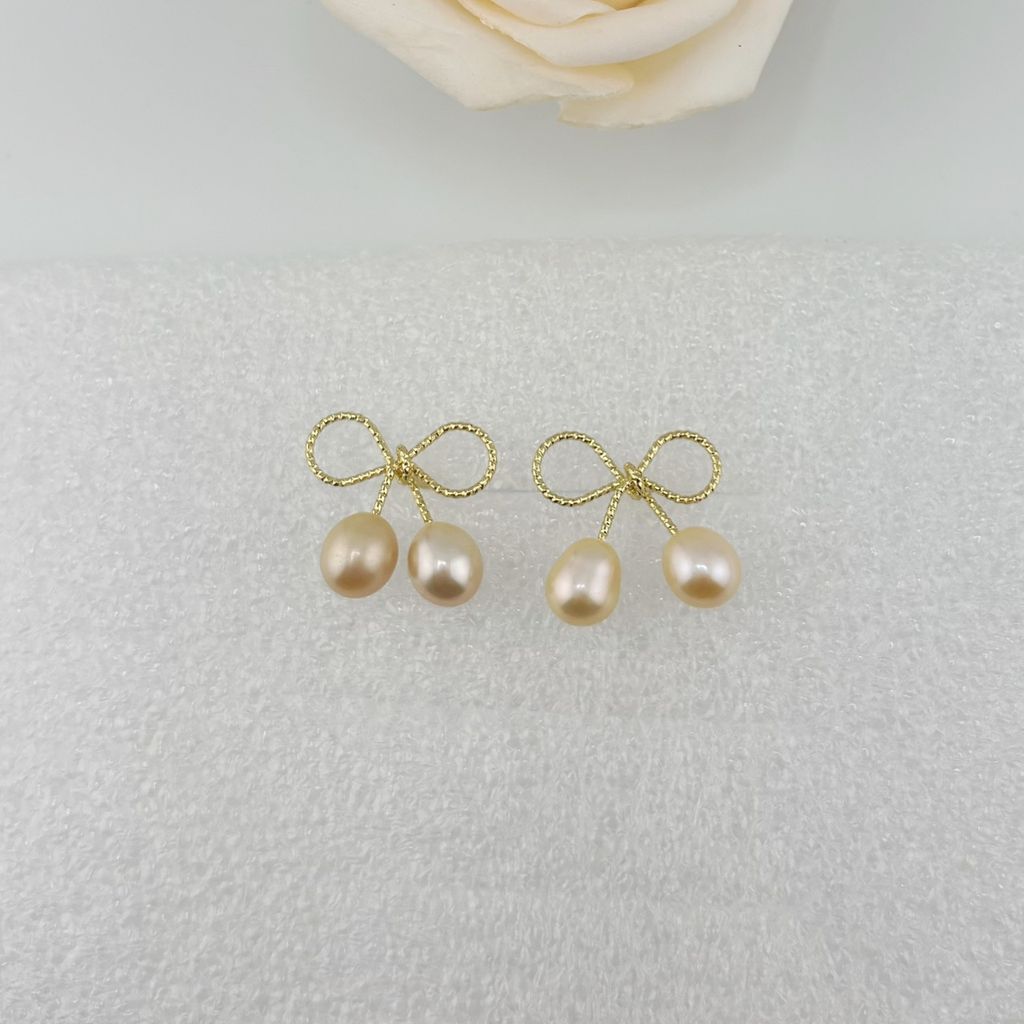 Bông tay Ngọc Trai Tự Nhiên Hình Nơ 2 hạt giọt nước cho nữ BTG039