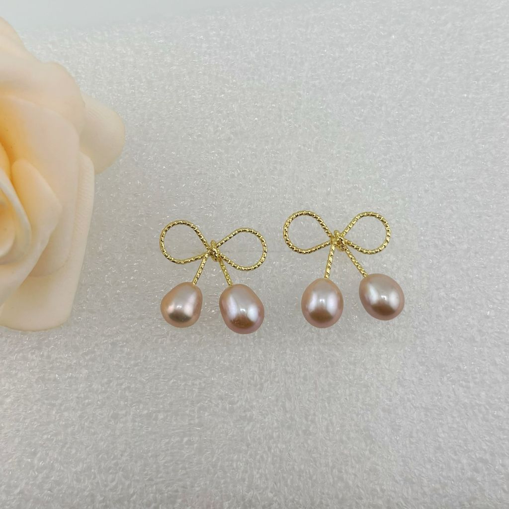 Bông tay Ngọc Trai Tự Nhiên Hình Nơ 2 hạt giọt nước cho nữ BTG039