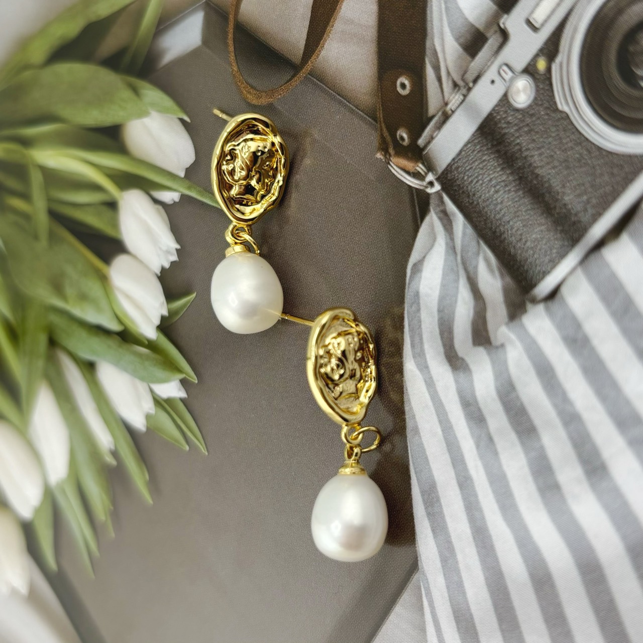 Bông Tai Ngọc Trai Tự Nhiên Mặt Gồ Ghề Phá Cách Độc Đáo BTG048B