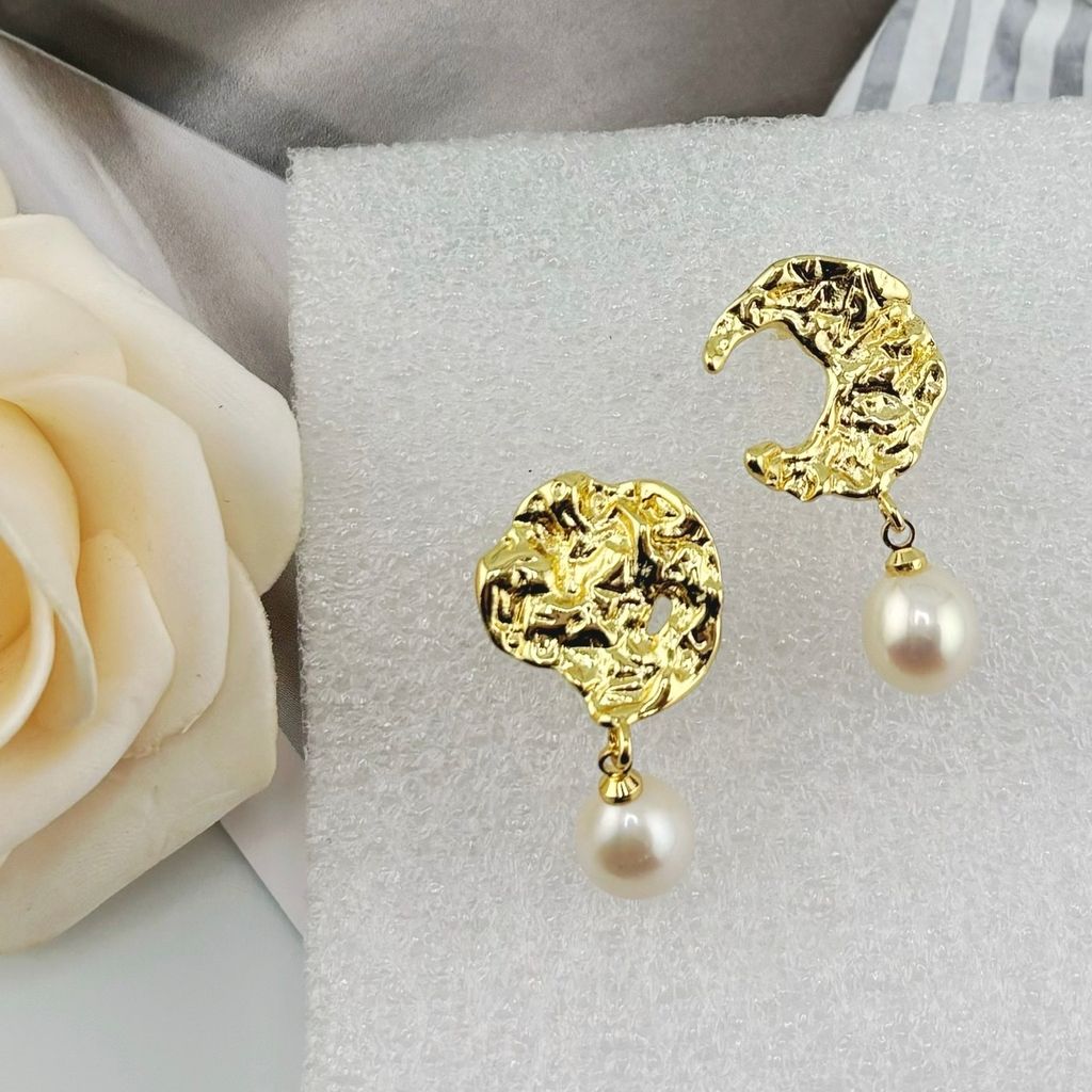 Bông Tai Ngọc Trai Tự Nhiên Mặt Gồ Ghề Phá Cách Độc Đáo BTG048F