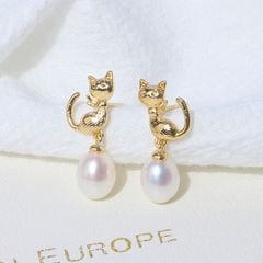 Bông Tai Bạc s925 Mạ Vàng 14K Hình Mèo Đính Ngọc Trai MADAME HIEN PEARLS BTG054