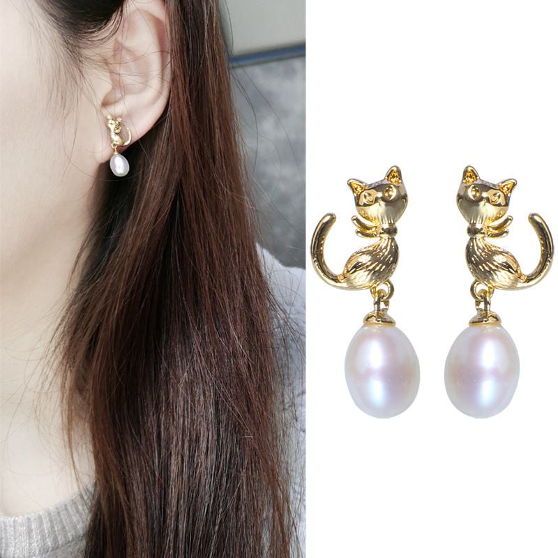Bông Tai Bạc s925 Mạ Vàng 14K Hình Mèo Đính Ngọc Trai MADAME HIEN PEARLS BTG054