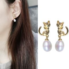 Bông Tai Bạc s925 Mạ Vàng 14K Hình Mèo Đính Ngọc Trai MADAME HIEN PEARLS BTG054