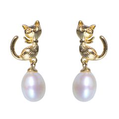 Bông Tai Bạc s925 Mạ Vàng 14K Hình Mèo Đính Ngọc Trai MADAME HIEN PEARLS BTG054