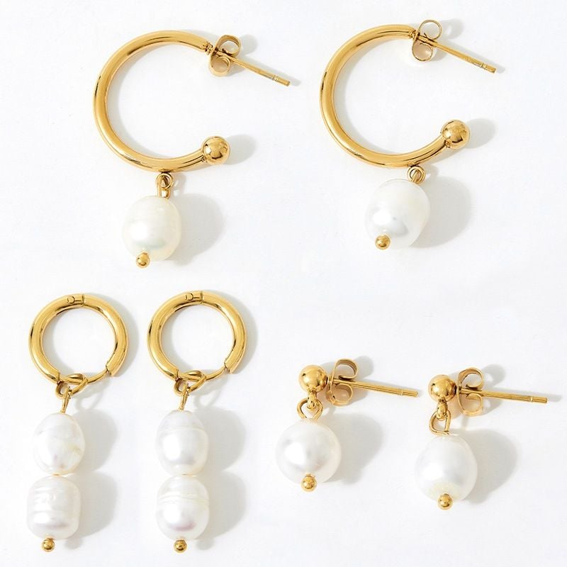 Bông Tai Ngọc Trai Tự Nhiên Khung Thép Mạ Vàng Hình Chữ C Lớn MADAME HIEN PEARLS BTG094B