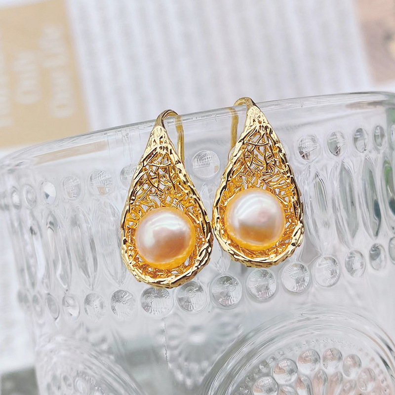 Bông Tai Ngọc Trai Tự Nhiên Dáng Tổ Chim Vàng Golden Nest MADAME HIEN PEARLS BTN107