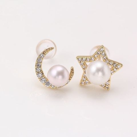 Bông Tai Ngọc Trai Tự Nhiên Kim Bạc s925 Trăng Sao AB MADAME HIEN PEARLS