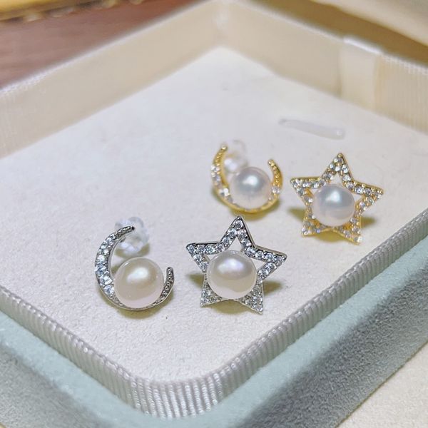 Bông Tai Ngọc Trai Tự Nhiên Kim Bạc s925 Trăng Sao AB MADAME HIEN PEARLS BTN147