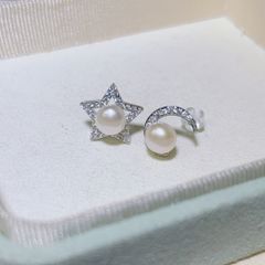 Bông Tai Ngọc Trai Tự Nhiên Kim Bạc s925 Trăng Sao AB MADAME HIEN PEARLS BTN147
