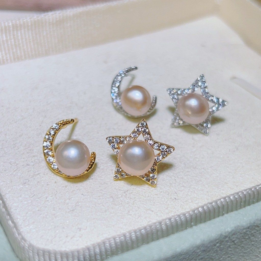 Bông Tai Ngọc Trai Tự Nhiên Kim Bạc s925 Trăng Sao AB MADAME HIEN PEARLS BTN147