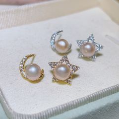 Bông Tai Ngọc Trai Tự Nhiên Kim Bạc s925 Trăng Sao AB MADAME HIEN PEARLS BTN147