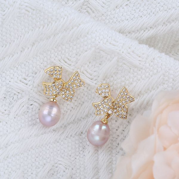 Bông Tai Ngọc Trai Tự Nhiên Dáng Nơ Đính Đá Đáng Yêu MADAME HIEN PEARLS BTN168