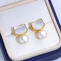 Bông Tai Ngọc Trai Tự Nhiên Mặt Mèo Xà Cừ MADAME HIEN PEARLS Cho Nữ BTN201