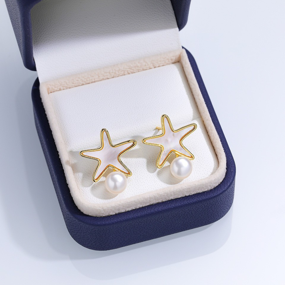 Bông Tai Ngọc Trai Tự Nhiên Mặt Ngôi Sao Trắng Xà Cừ Xinh Xắn MADAME HIEN PEARLS BTN207