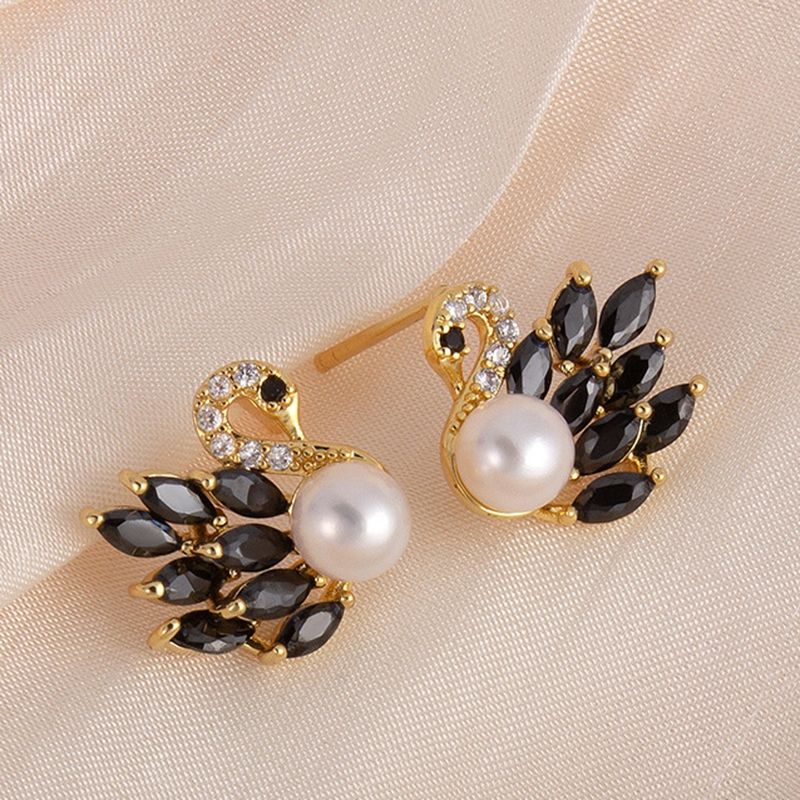 Bông Tai Ngọc Trai Thiên Nga Pha Lê Đen Black Swan Sang Trọng MADAME HIEN PEARLS Cho Nữ