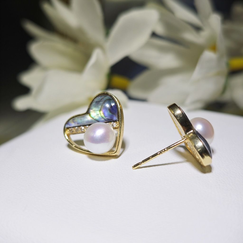 Bông Tai Ngọc Trai Tự Nhiên Trái Tim Cầu Vồng Xà Cừ MADAME HIEN PEARLS Cho Nữ