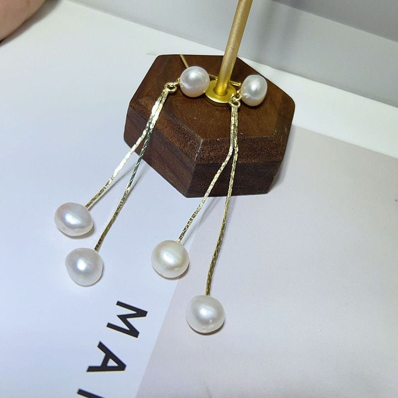 Bông Tai Ngọc Trai Tự Nhiên Tua Rua 2 Hạt Ngọc Trai MADAME HIEN PEARLS Cho Nữ