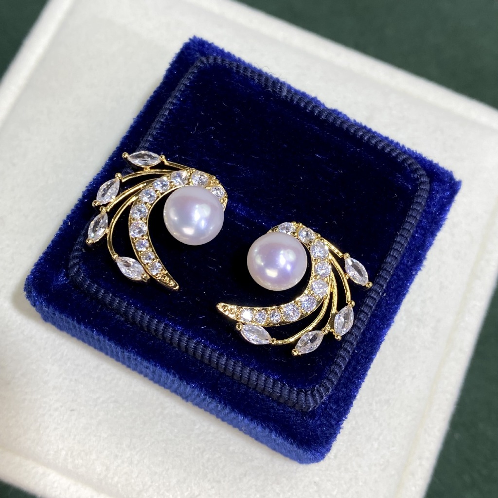 Bông Tai Ngọc Trai Tự Nhiên Mặt Lá Kim Cương Đá Pha Lê MADAME HIEN PEARLS Cho Nữ BTN278