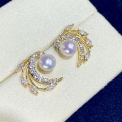 Bông Tai Ngọc Trai Tự Nhiên Mặt Lá Kim Cương Đá Pha Lê MADAME HIEN PEARLS Cho Nữ BTN278
