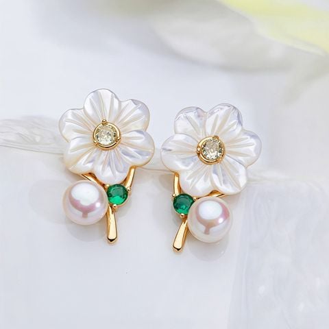 Bông Tai Ngọc Trai Tự Nhiên Mặt Hoa Bạch Mai Trắng Sang Trọng MADAME HIEN PEARLS Cho Nữ BTN290