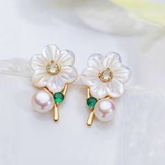 Bông Tai Ngọc Trai Tự Nhiên Mặt Hoa Bạch Mai Trắng Sang Trọng MADAME HIEN PEARLS Cho Nữ BTN290