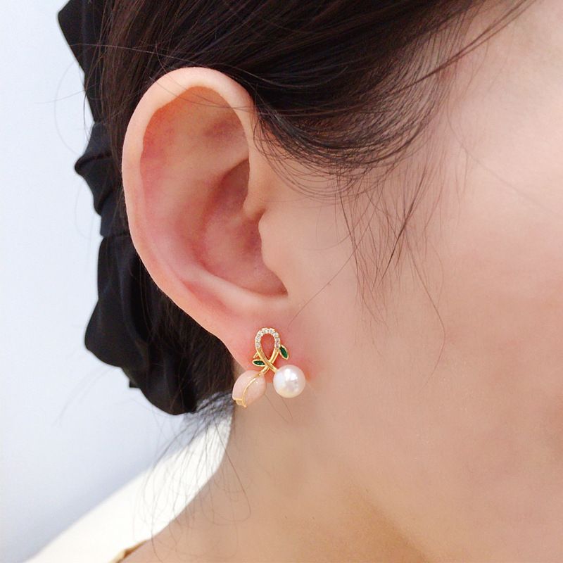 Bông Tai Hoa Tulip Hồng Đính Ngọc Trai Tự Nhiên Thời Trang MADAME HIEN PEARLS Cho Nữ BTN075