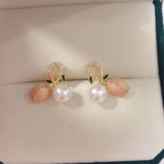 Bông Tai Hoa Tulip Hồng Đính Ngọc Trai Tự Nhiên Thời Trang MADAME HIEN PEARLS Cho Nữ BTN075