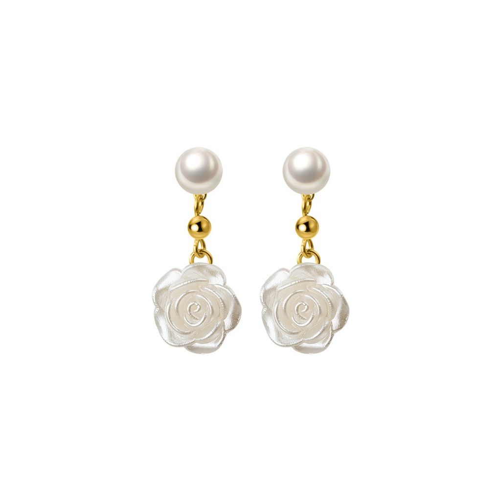 Bông Tai Ngọc Trai Tự Nhiên Kim Bạc S925 Dáng Hoa Hồng MADAME HIEN PEARLS BTN090